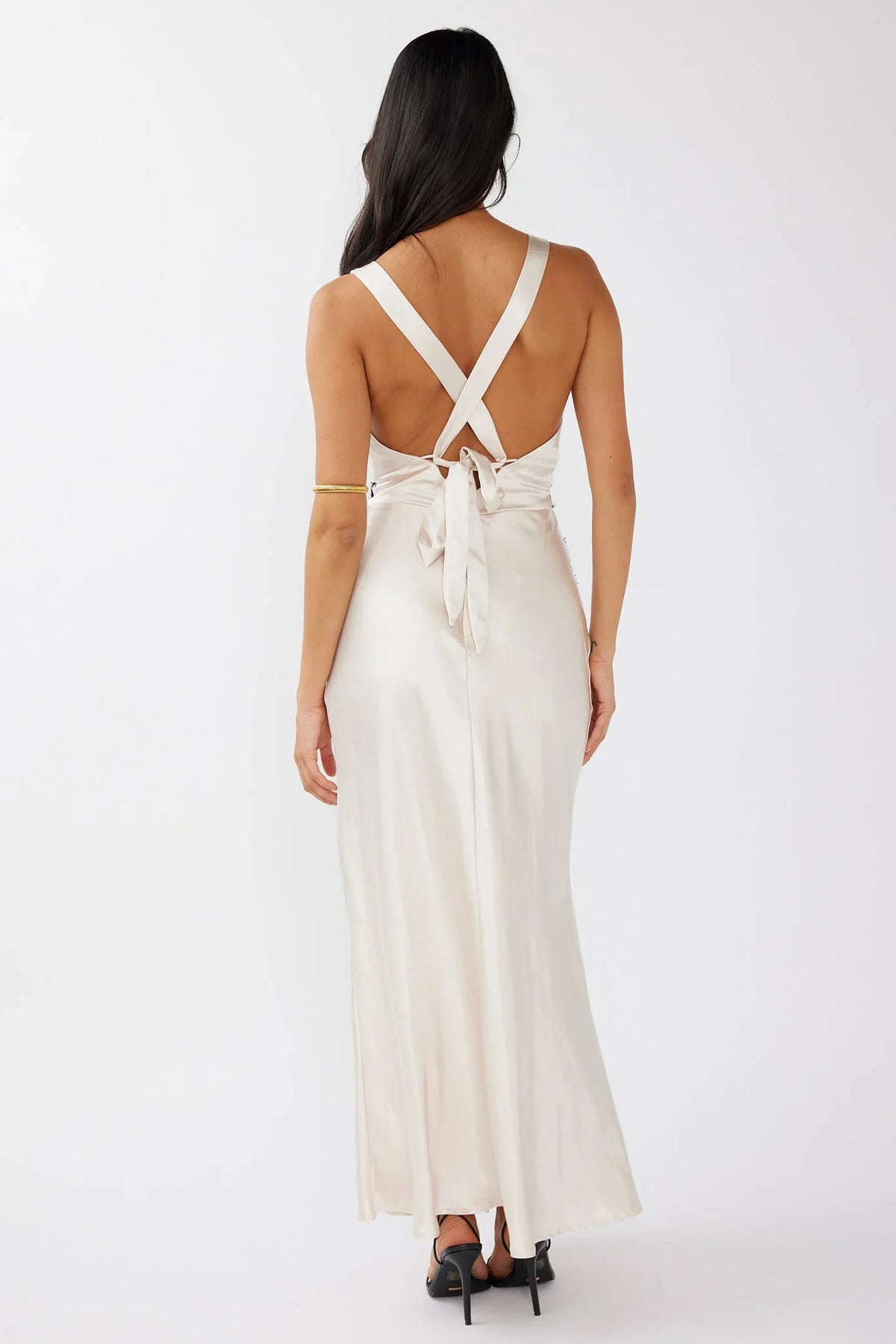 Theriz Lace Trim Tied Back Maxi Dress Champagne