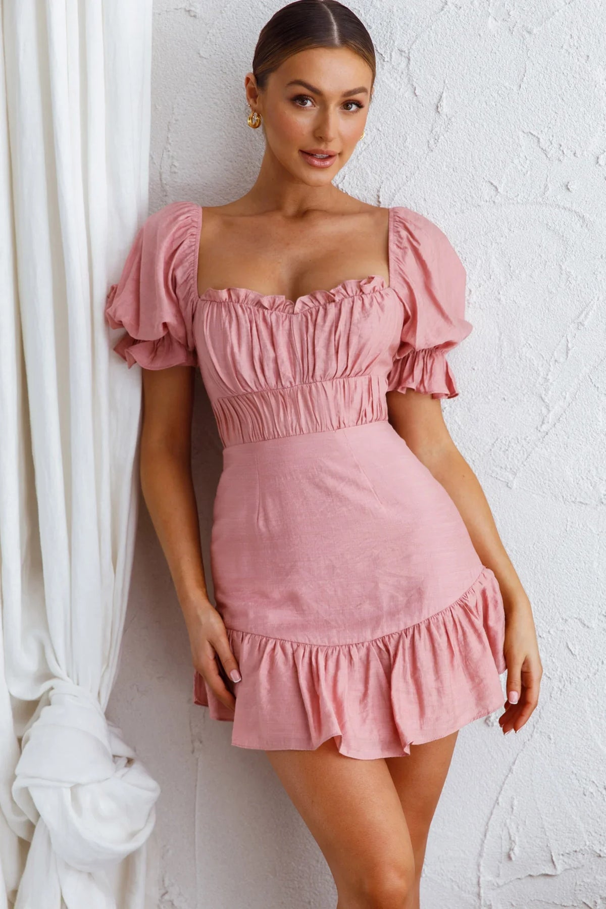 Light Catcher Sweetheart Neckline Frill Dress Blush