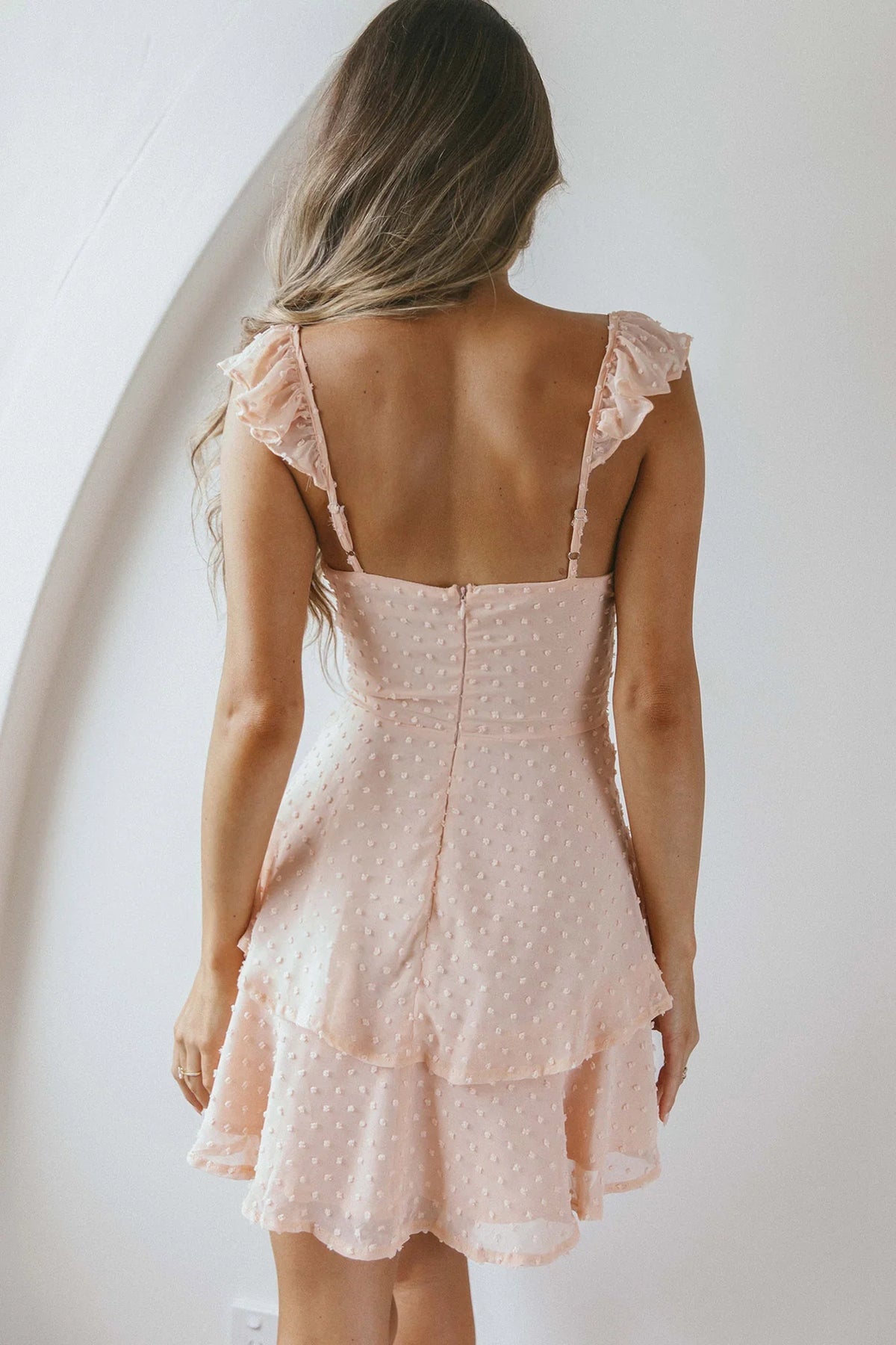 Theory Sweetheart Neckline Frill Strap Mini Dress Textured Peach