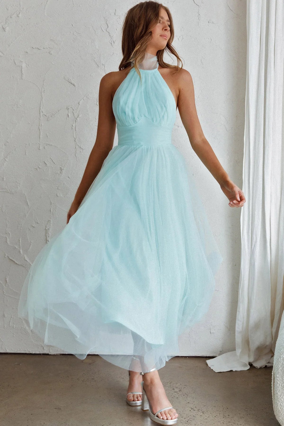 Andria Halterneck Tulle Midi Dress Mint