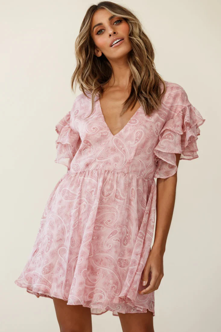 Here And Now Layered Ruffle Sleeve Loose Fit Dress Paisley Print Rose