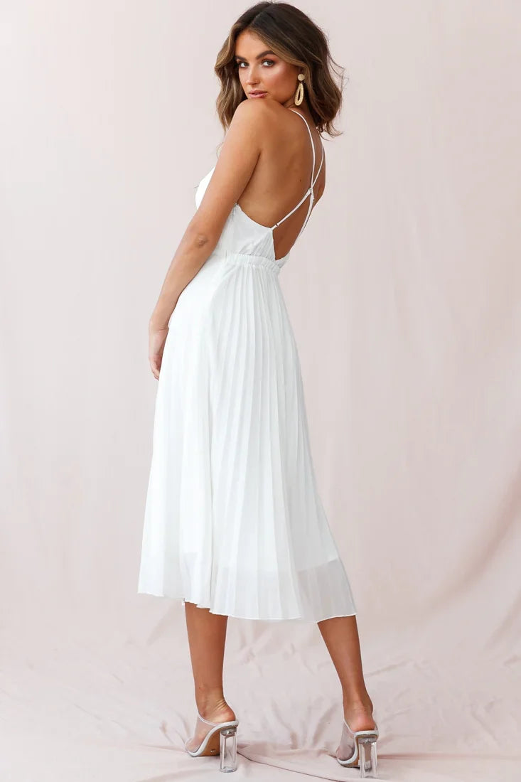 Artemis Accordion Pleat Strappy Back Midi Dress White