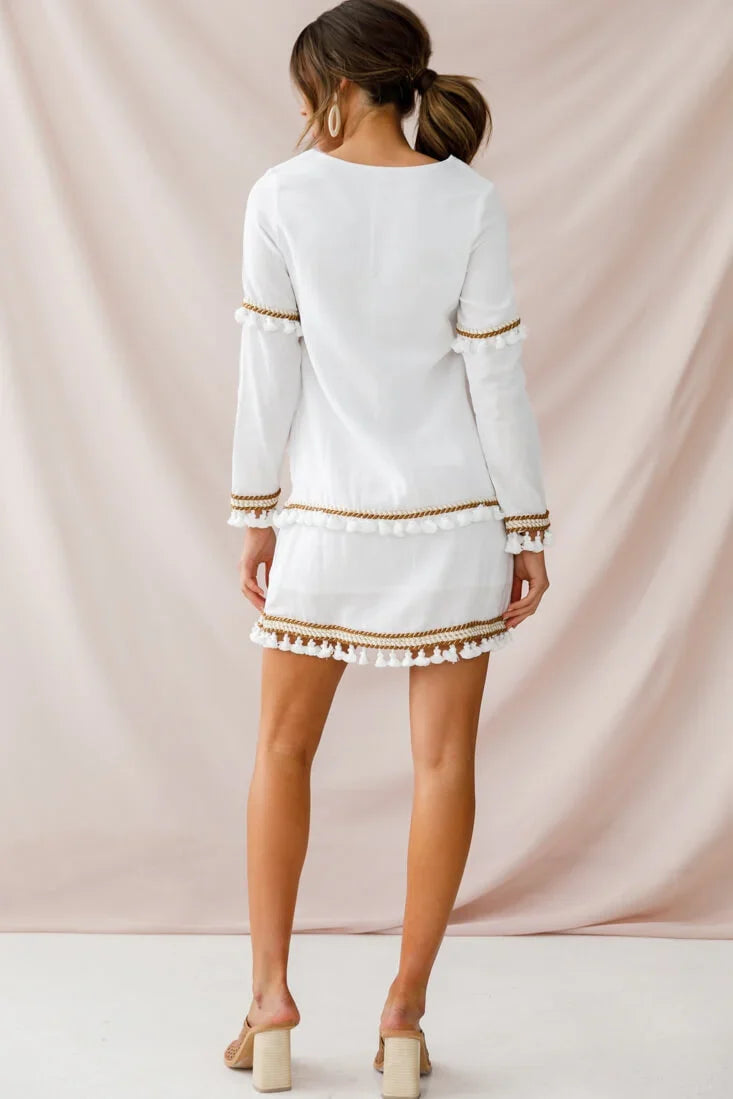 Leticia Tassel Trim Shift Dress White