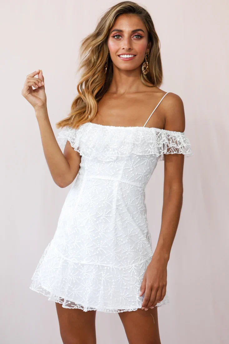 Enchanted Fine Mesh Frill Dress White