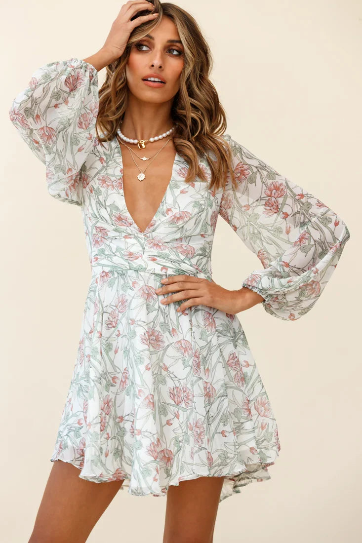 Jessinta Long Sleeve Pintuck Waist Dress Floral Print White