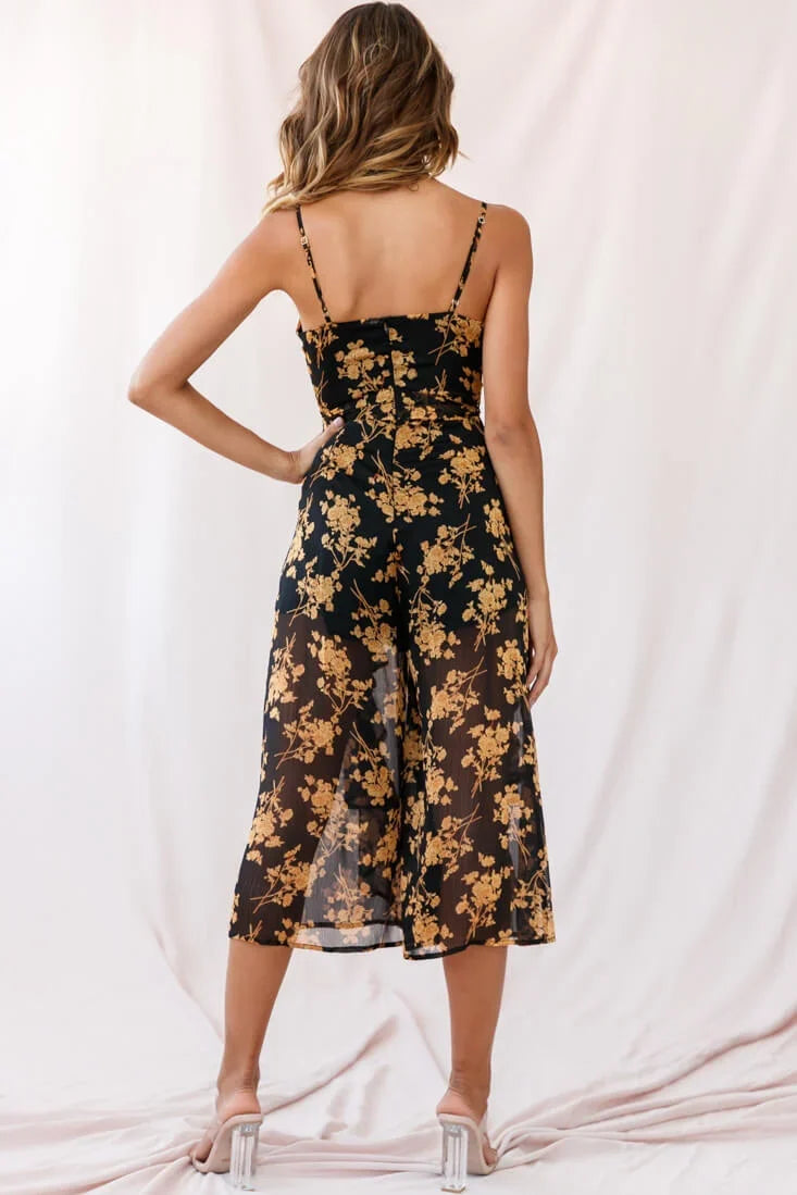 Constance Thin Strap Midi Jumpsuit Black/Orange Flower