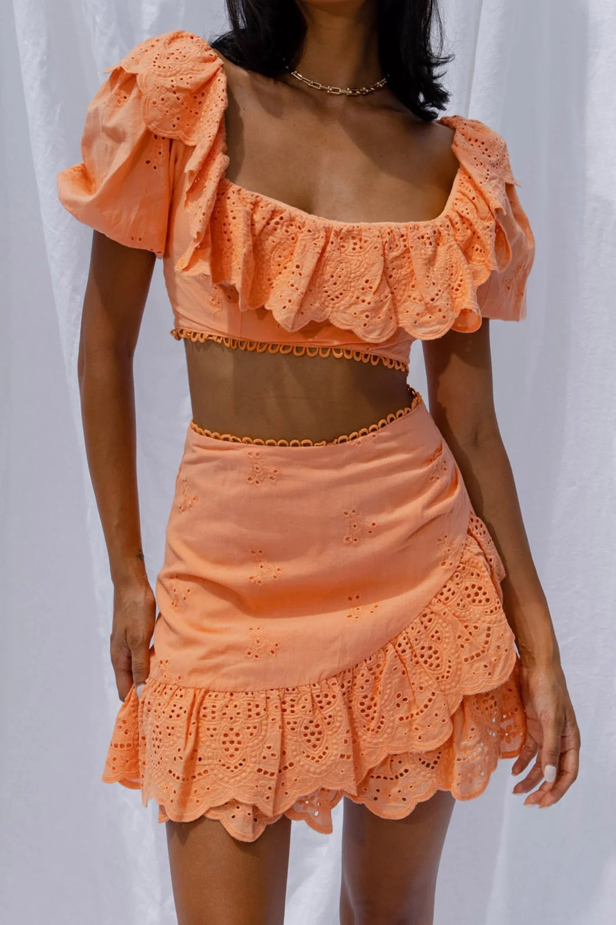 New Moon Scalloped Ruffle Trim Eyelet Skirt Orange