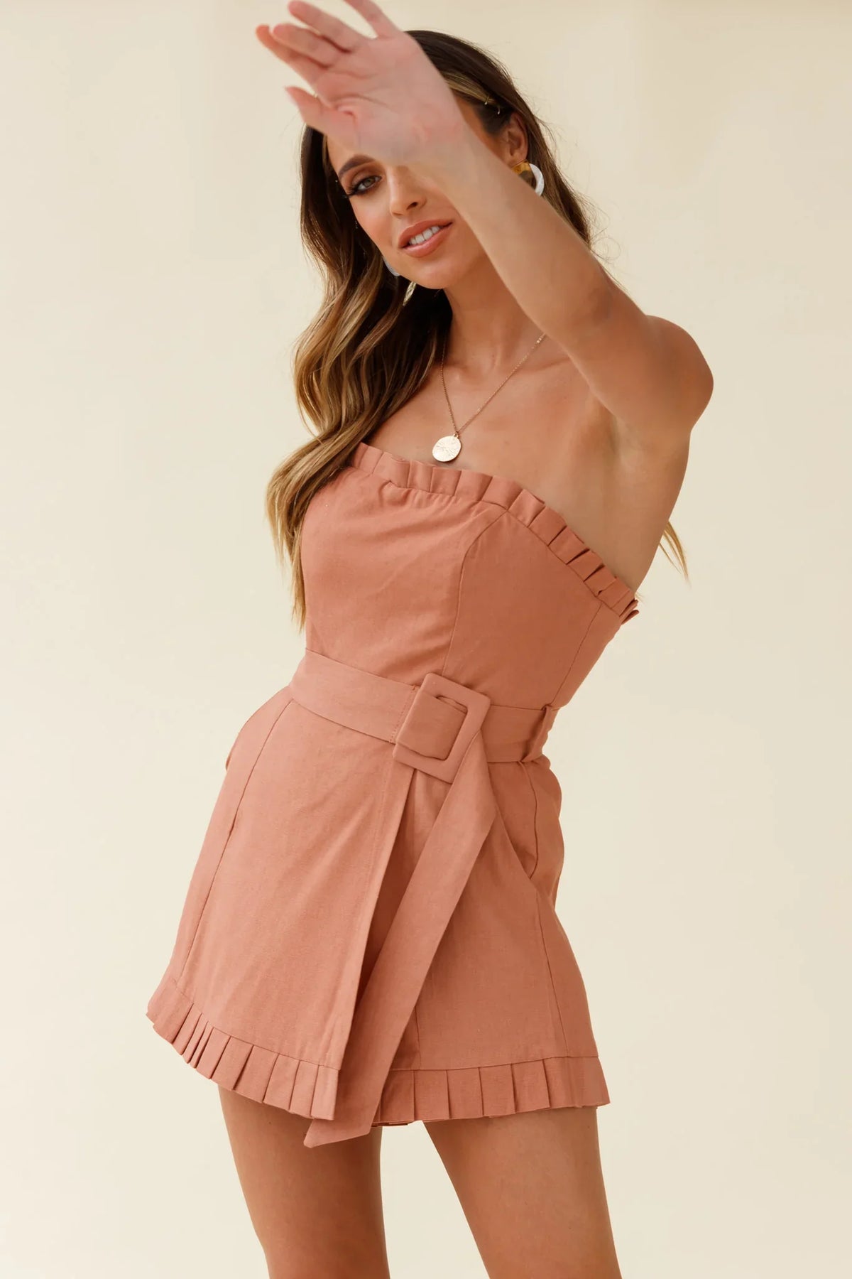 Elodie Pleat Trim Belted Skort Romper Tan