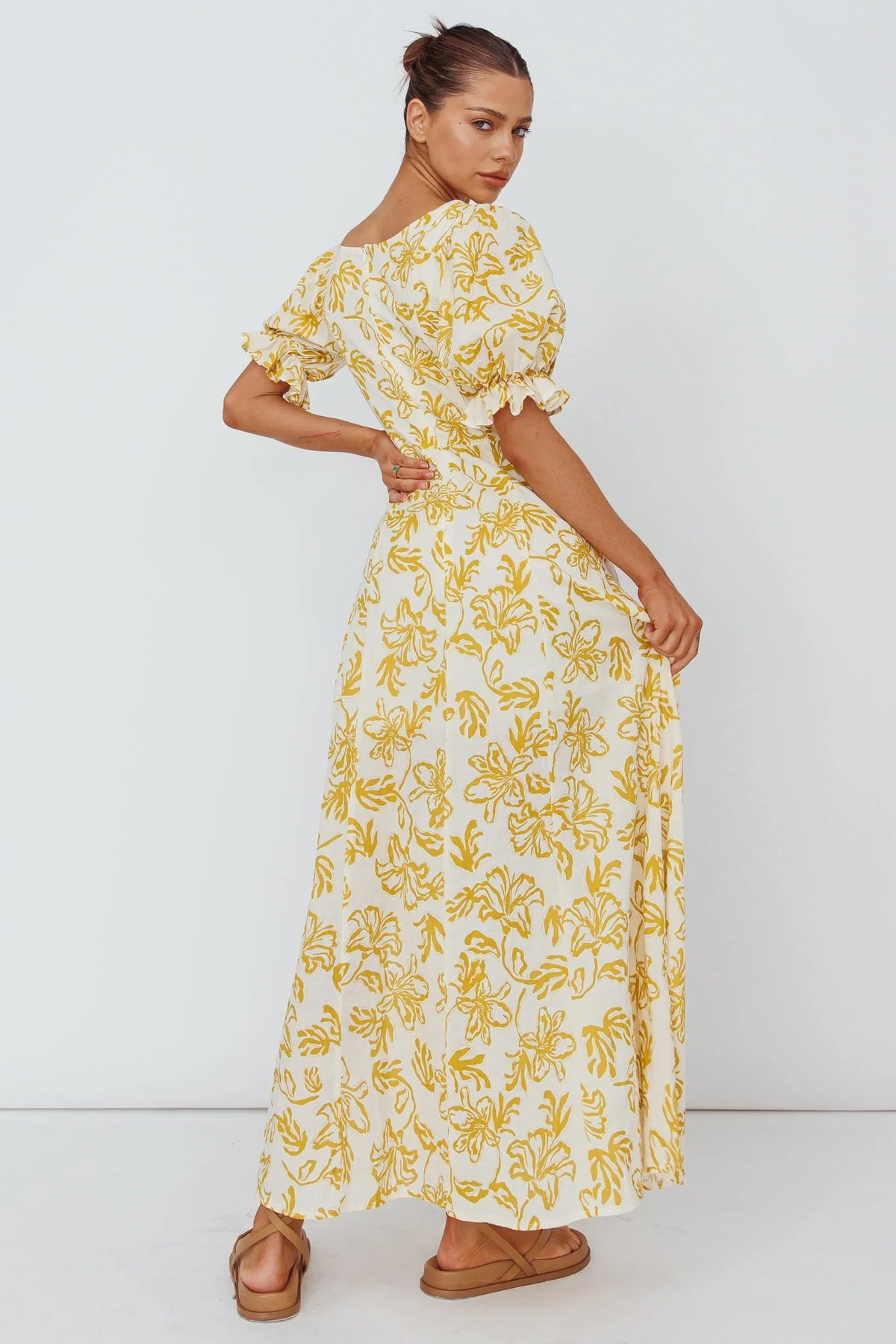 Sitting Pretty Pintuck Pleat Puff Sleeve Dress Yellow