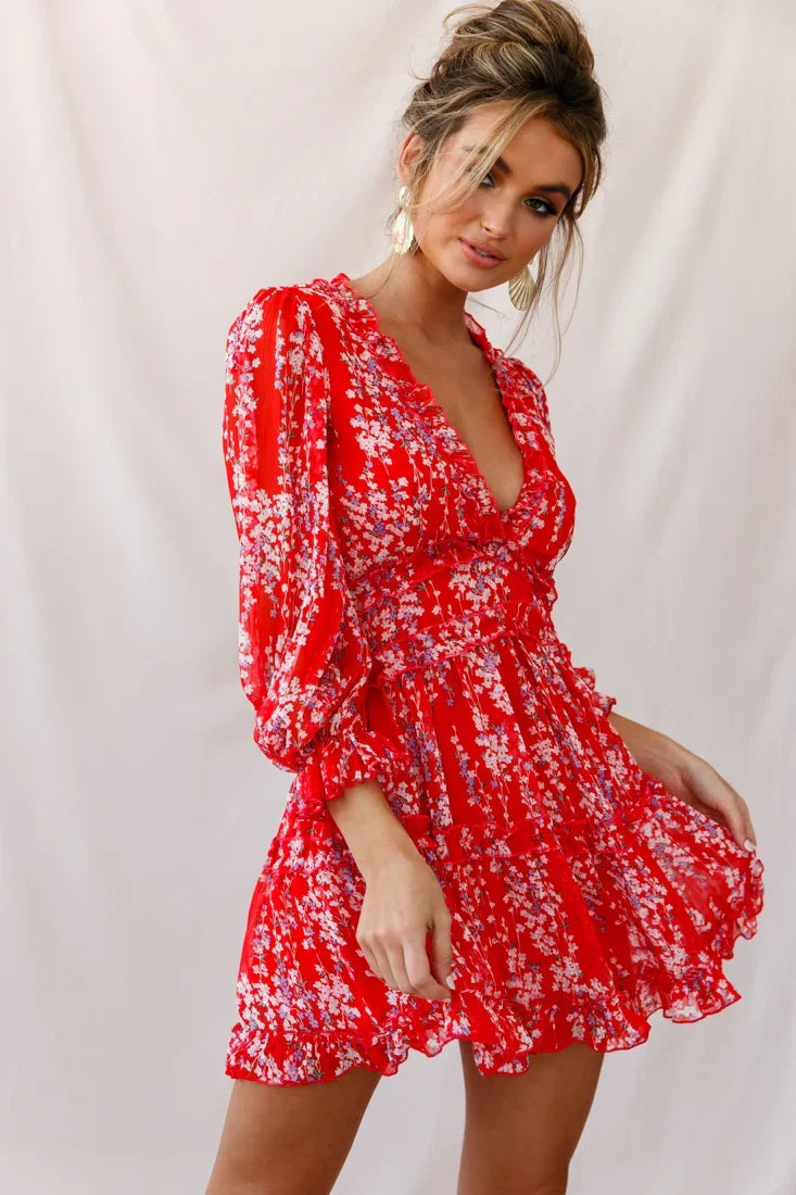 Laney Cutout Back Ruffle Detail Floral Dress Red