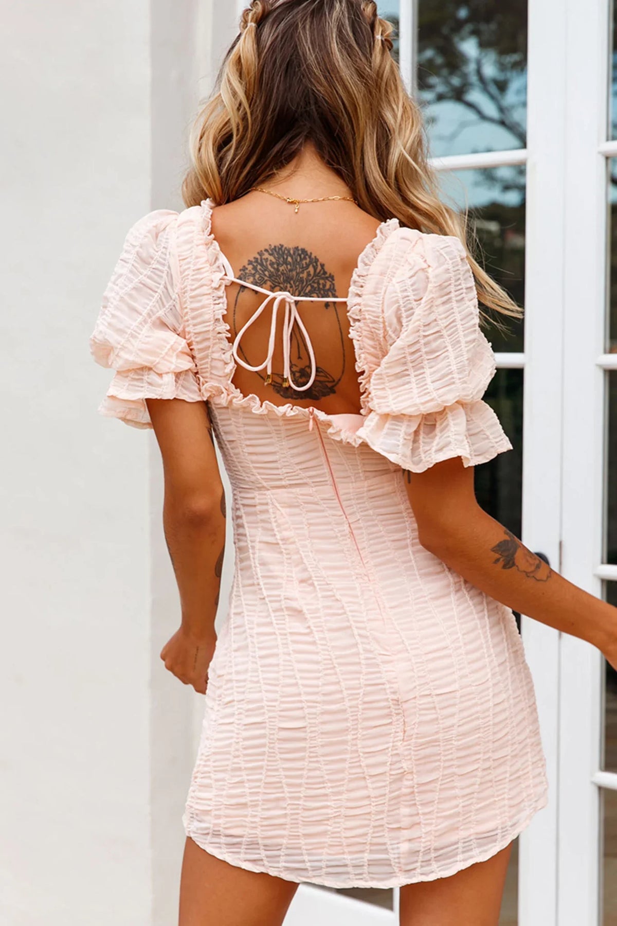 Ashlyn Puff Sleeve Sweetheart Neckline Dress Pink