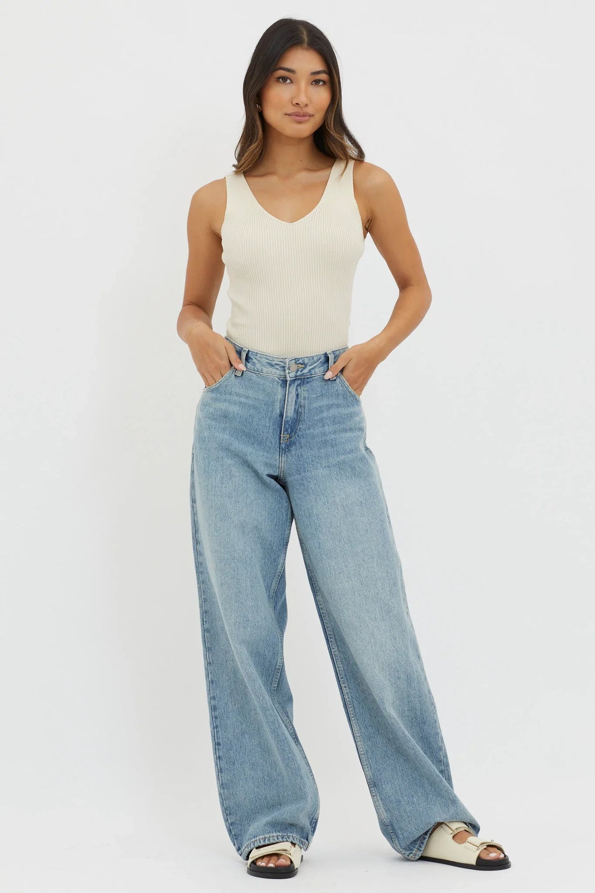 Off-Duty V-Neck Ribbed Knit Top Cream