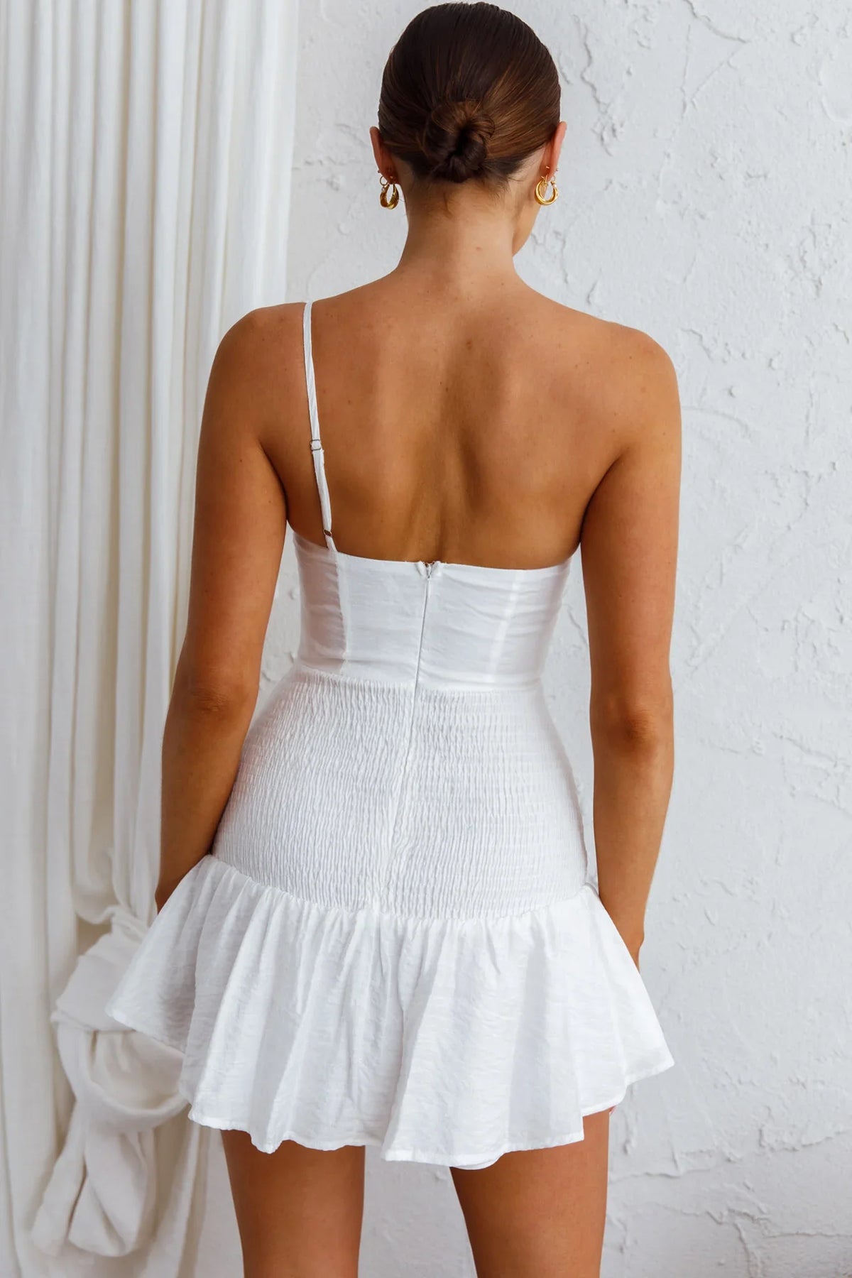 Bridie One Shoulder Shirred Mini Dress White