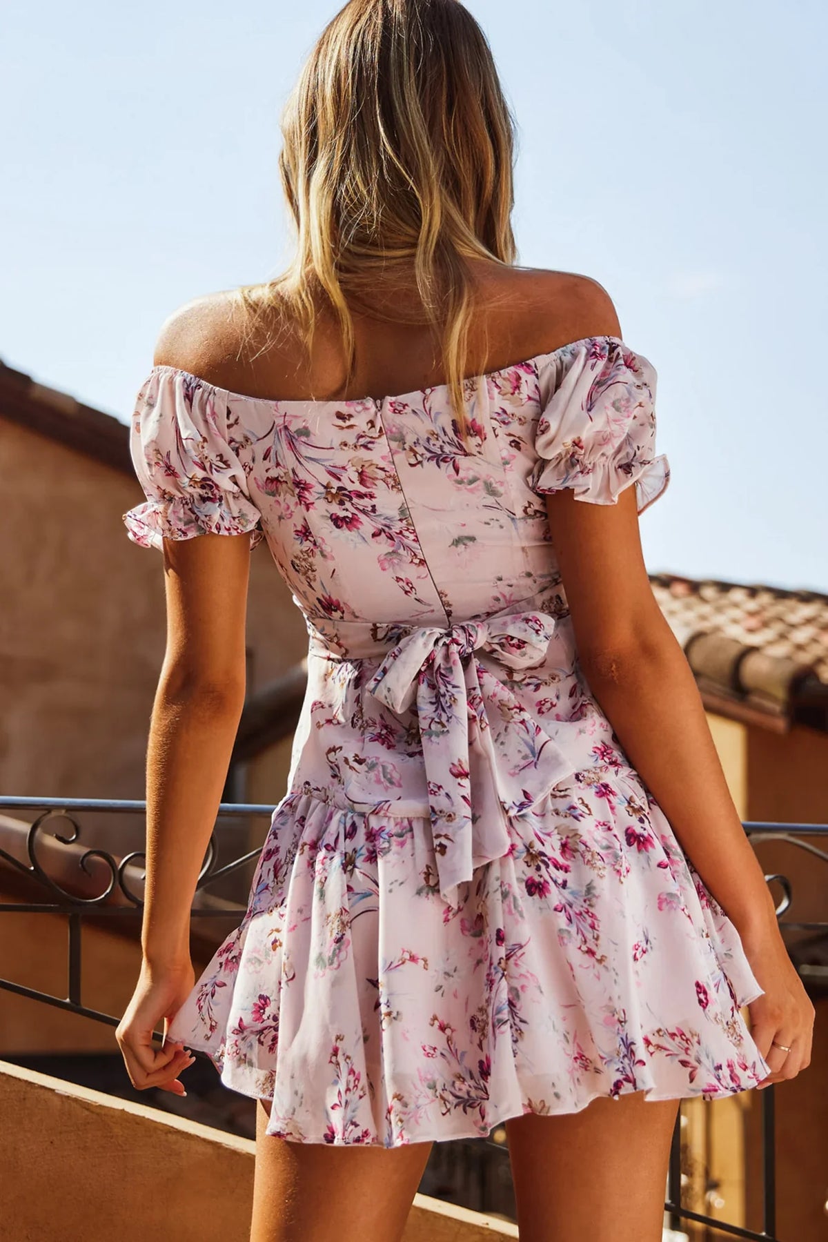 Linka Off-Shoulder Tie Back Fluted Hem Dress Ornate Floral Print Pink