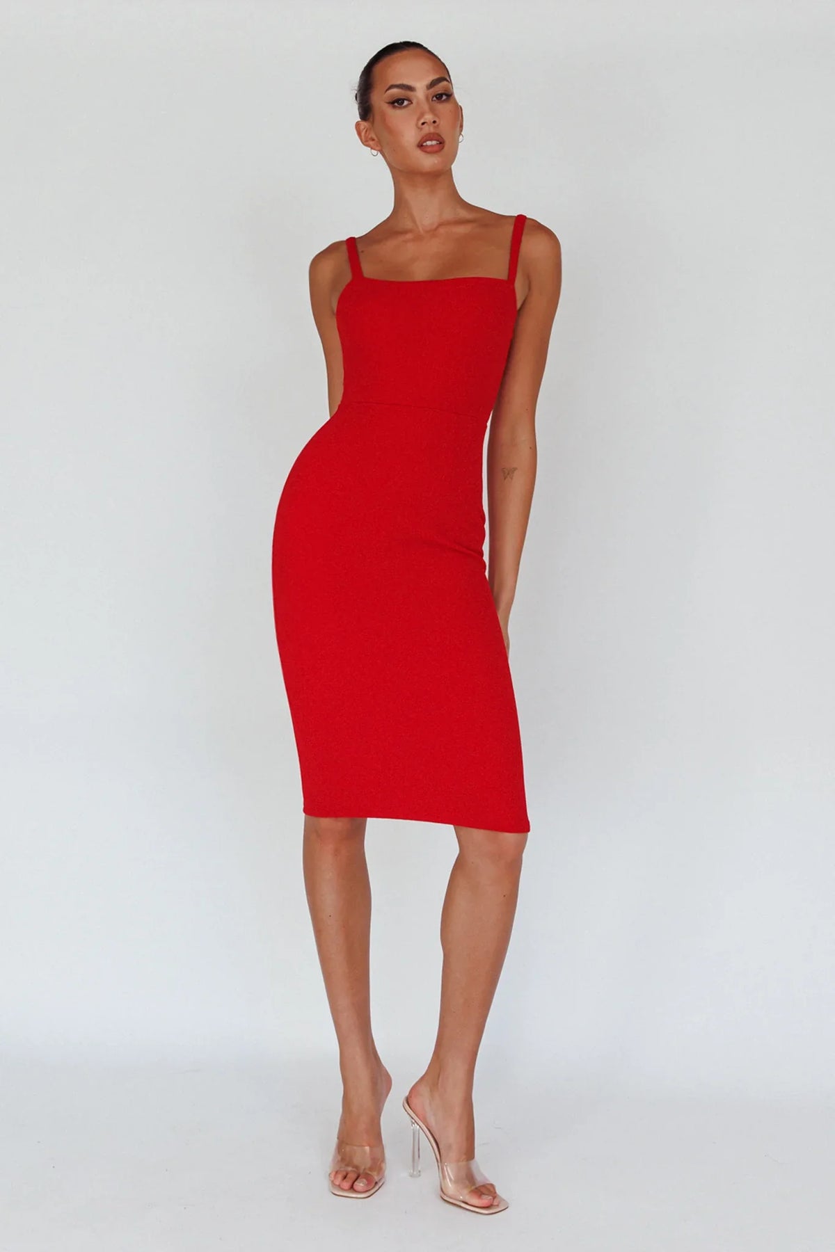 Georgia Square Neckline Midi Dress Red