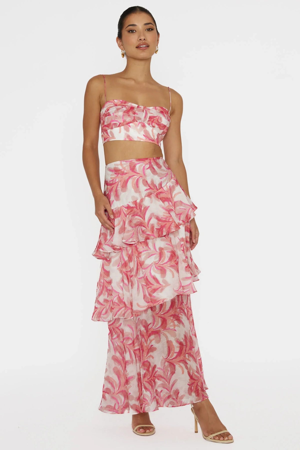 Veda Tiered Ruffle Maxi Skirt Floral Pink