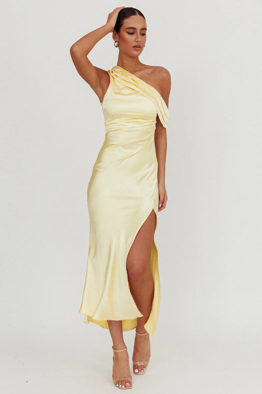 Floret Asymmetric Neckline Midi Dress Butter