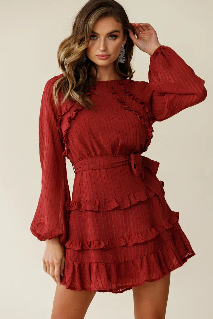Dusk Long Sleeve Waist Tie Frill Dress Thin Stripe Wine