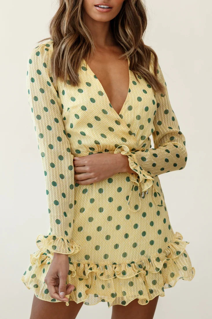 Breckin Long Sleeve Double Frill Hem Dress Polka Dot Print Mustard