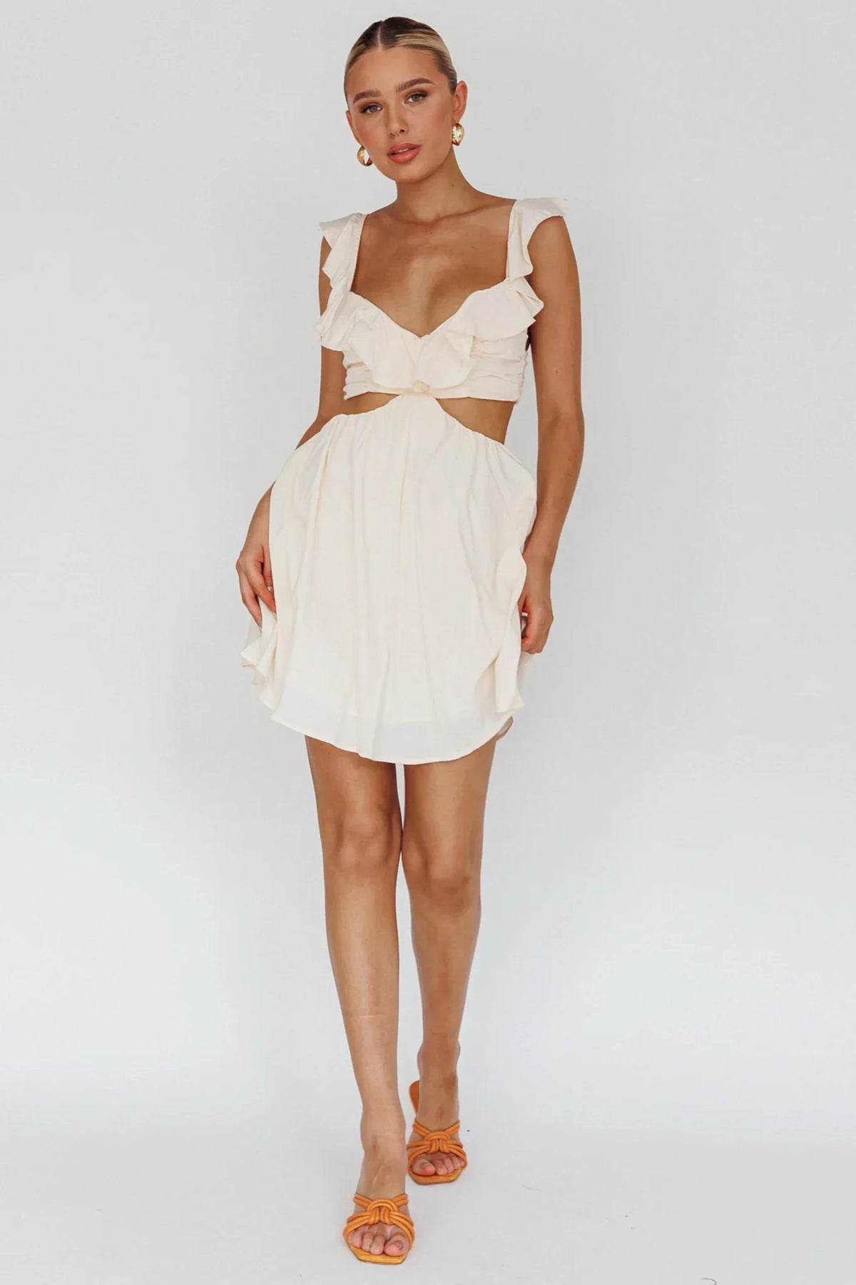 Revel Ruffle Trim Cut-Out Waist Dress Ivory