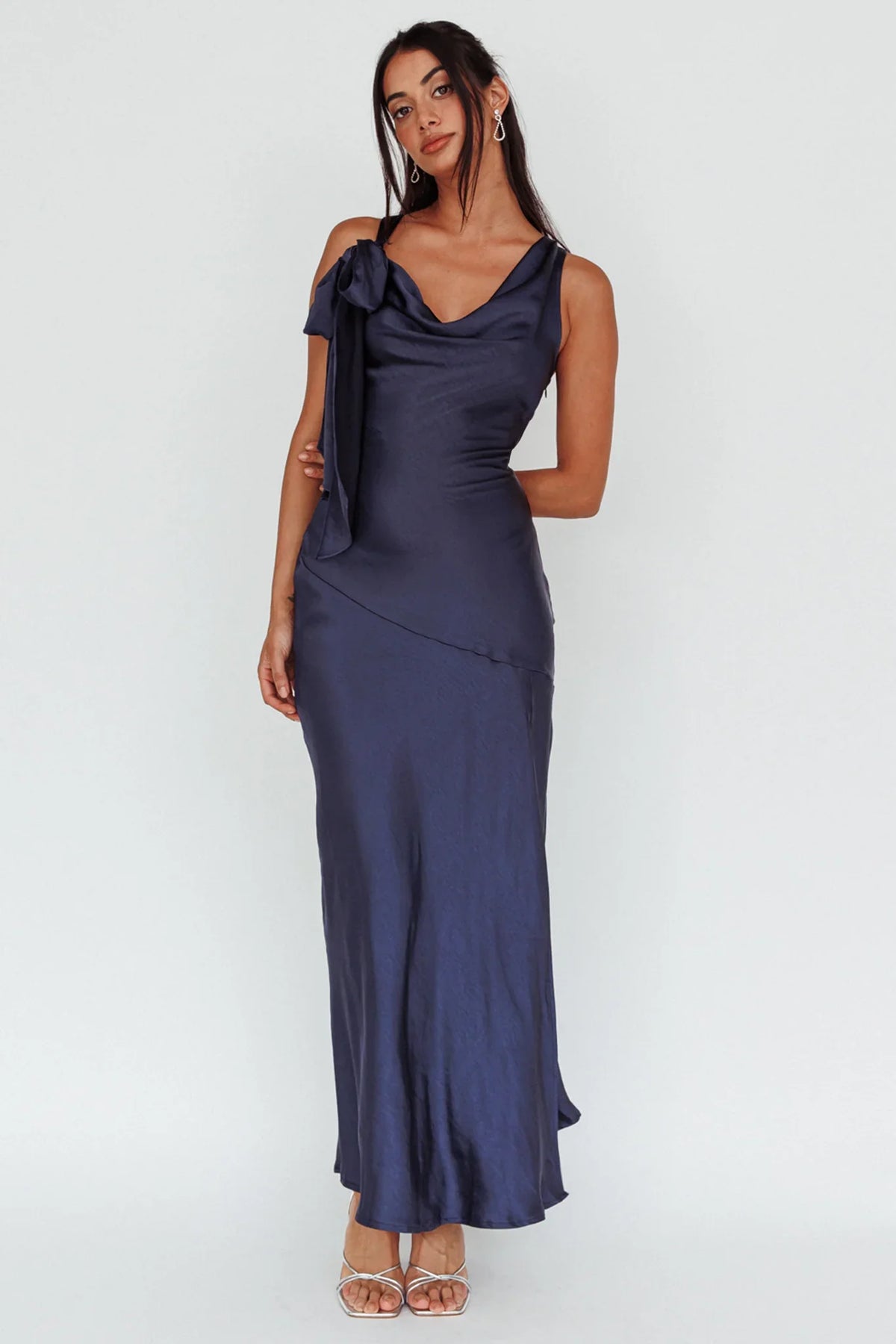 Averie Bow Shoulder Split Midi Dress Navy