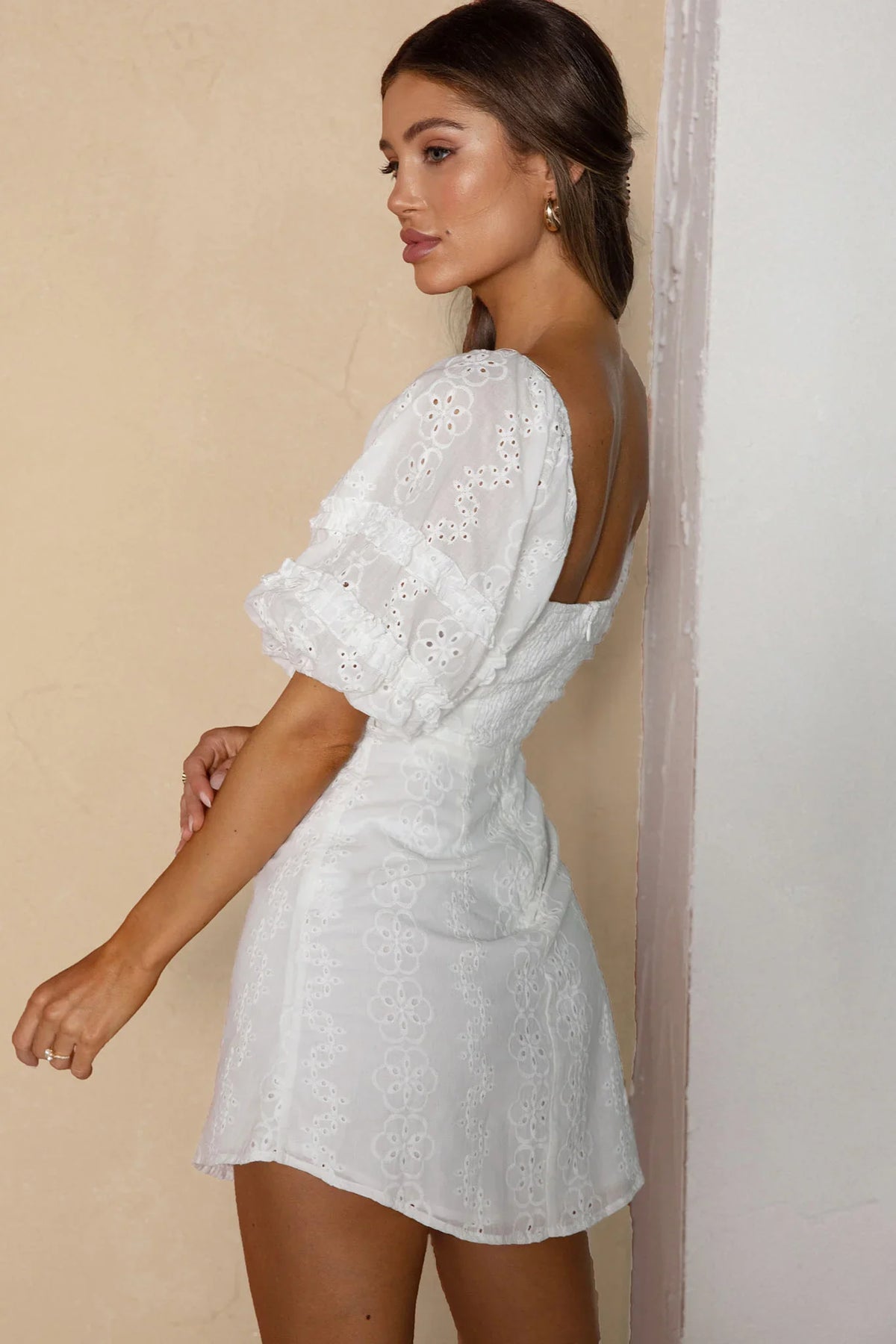 Sweet Romance Puff Sleeve Eyelet Mini Dress White