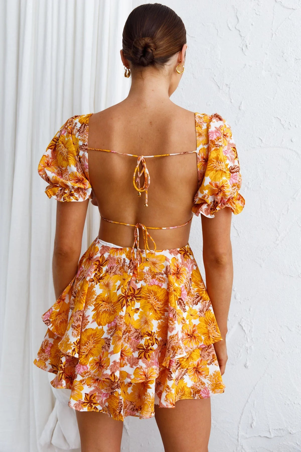 Orianthi Cut-Out Waist Mini Dress Floral Yellow