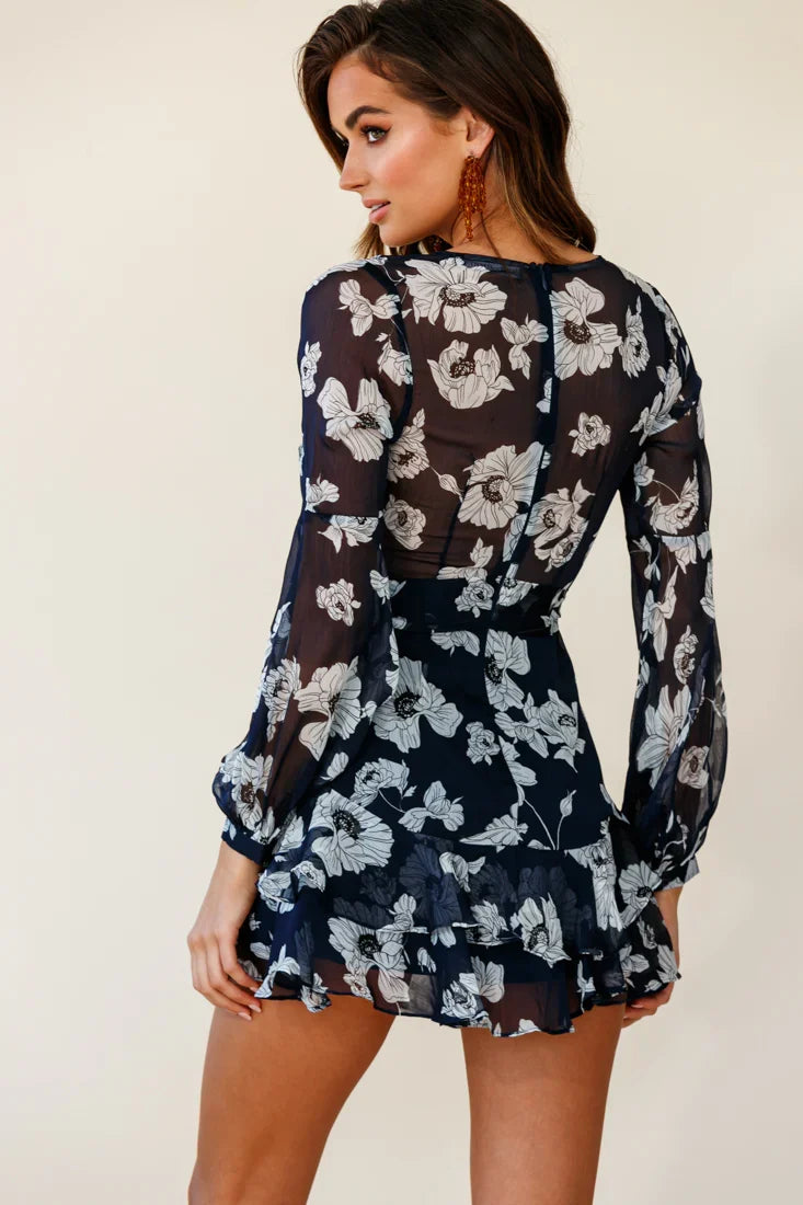 Kerry Layered Balloon Sleeve Dress Poppy Print Navy