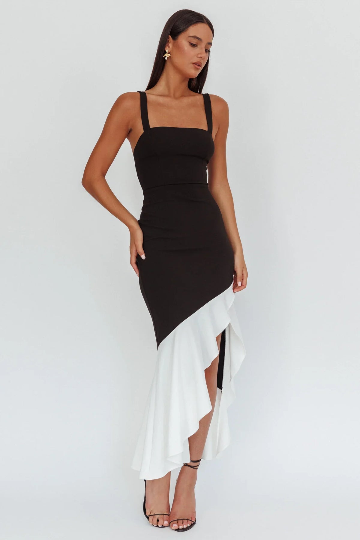 Delighted Asymmetric Hem Maxi Dress Contrast Black