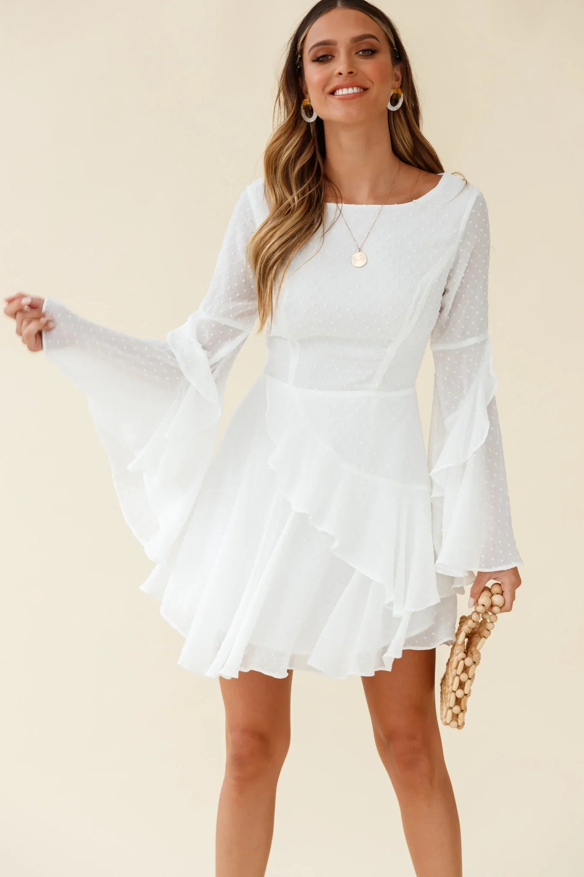 Carlini Flared Sleeve Boat Neckline Dress White