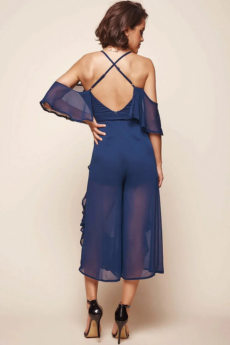 Constance Midi Ruffle Jumpsuit Navy