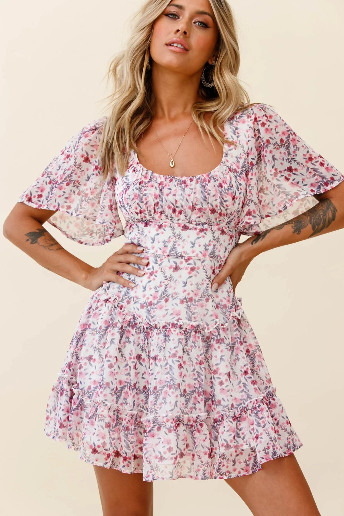 Stolen Moments Angel Sleeve Ruffle Dress Floral Print Pink Multi