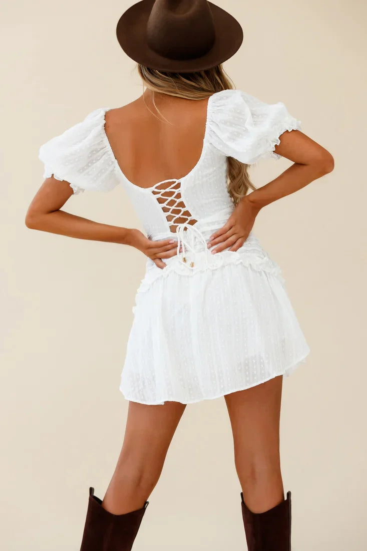 Sunshine Lane Milkmaid Sleeve Lace-up Back Dress White