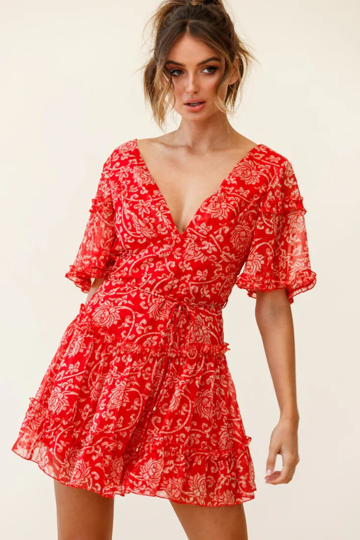 Psalm Angel Sleeve Frill Dress Floral Stencil Print Red