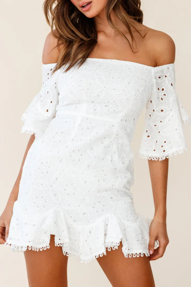 Elissa Off-Shoulder Broderie Anglaise Dress White