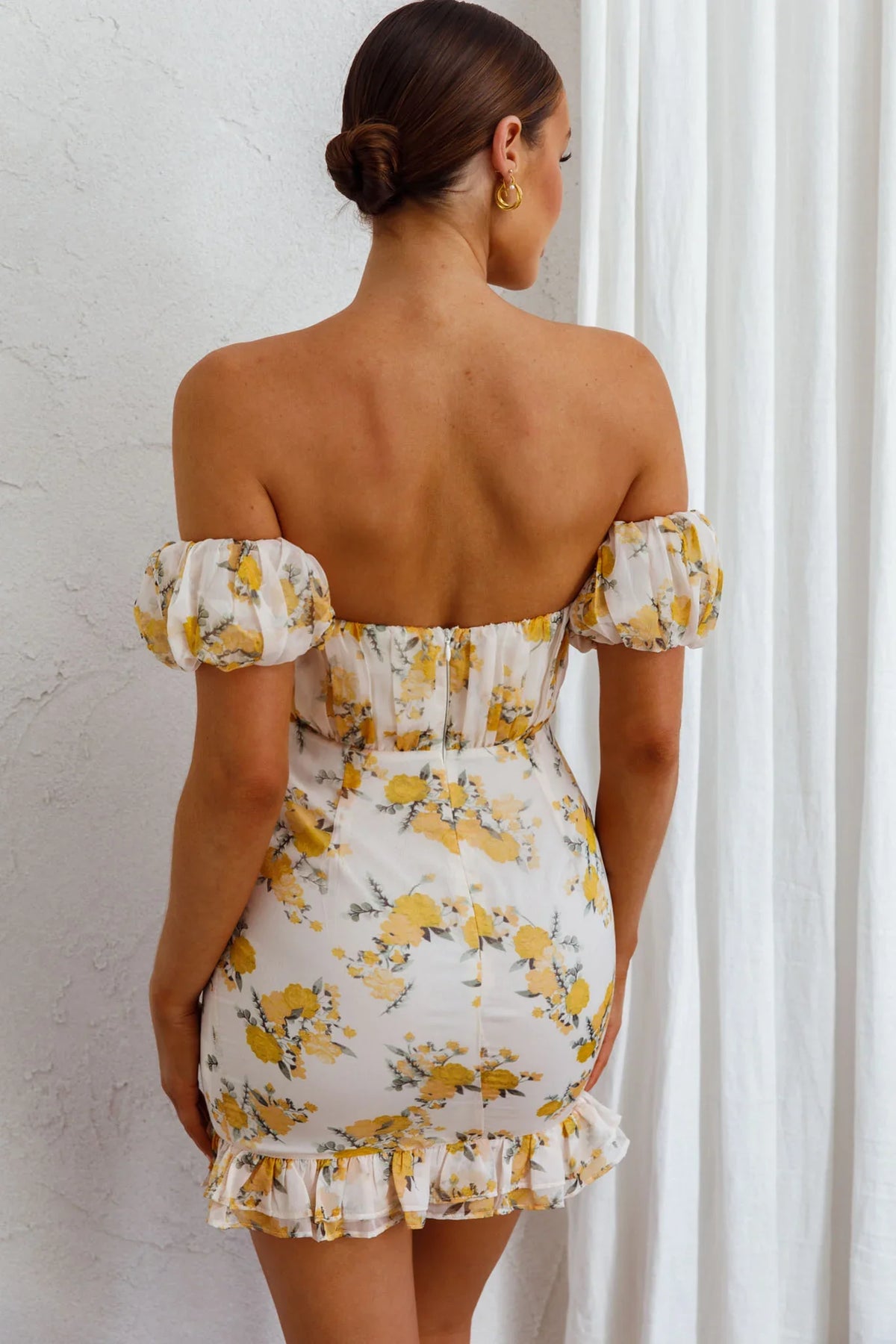 Verona Off-Shoulder Gathered Mini Dress Floral Yellow
