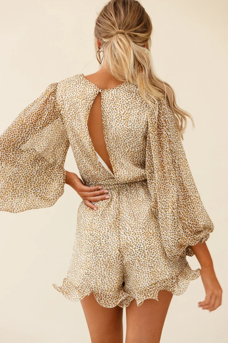 Hilda Long Sleeve Waist Tie Romper Leopard Print Mustard