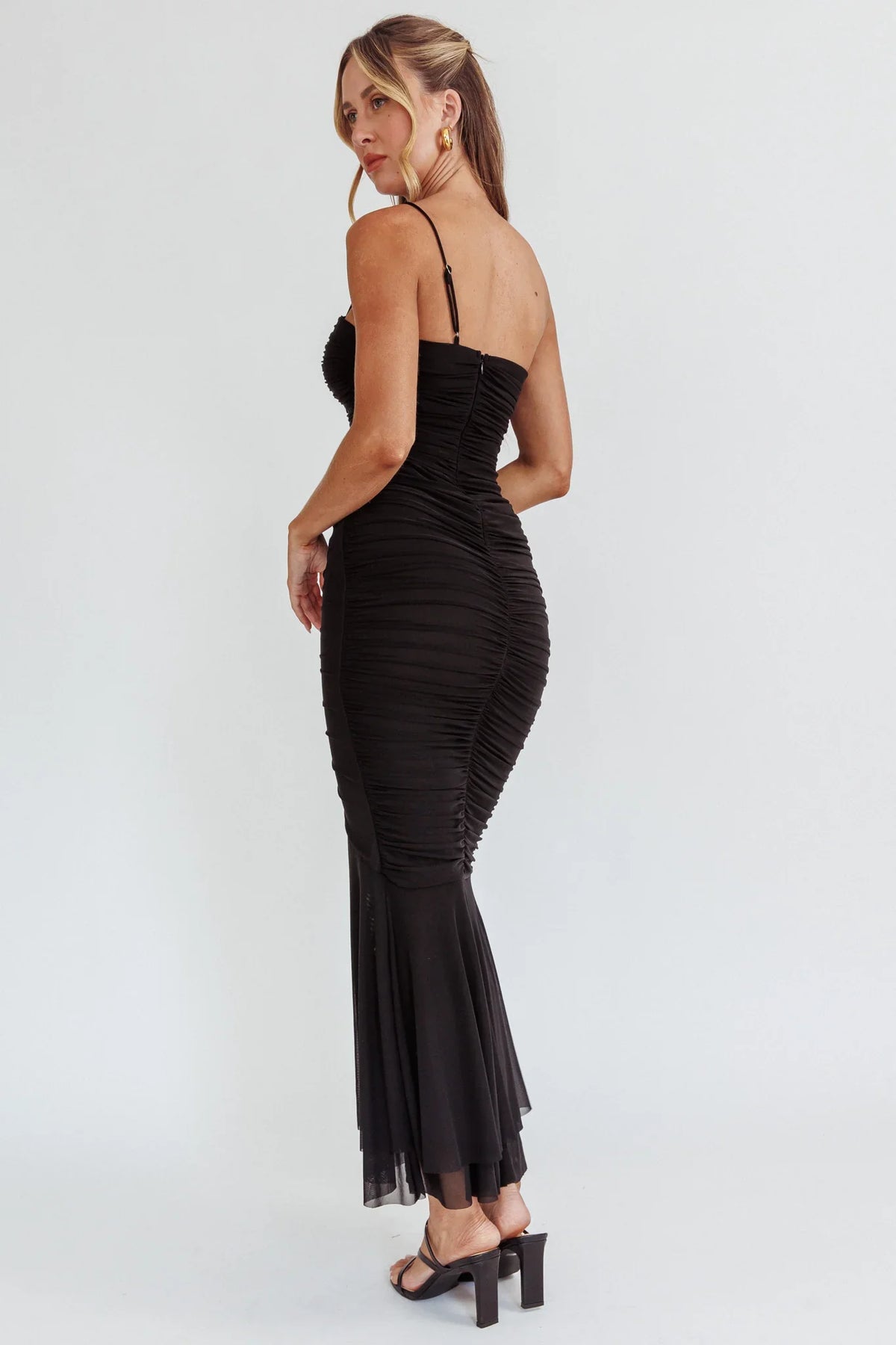 By Chance One Strap Ruched Maxi Dress Black