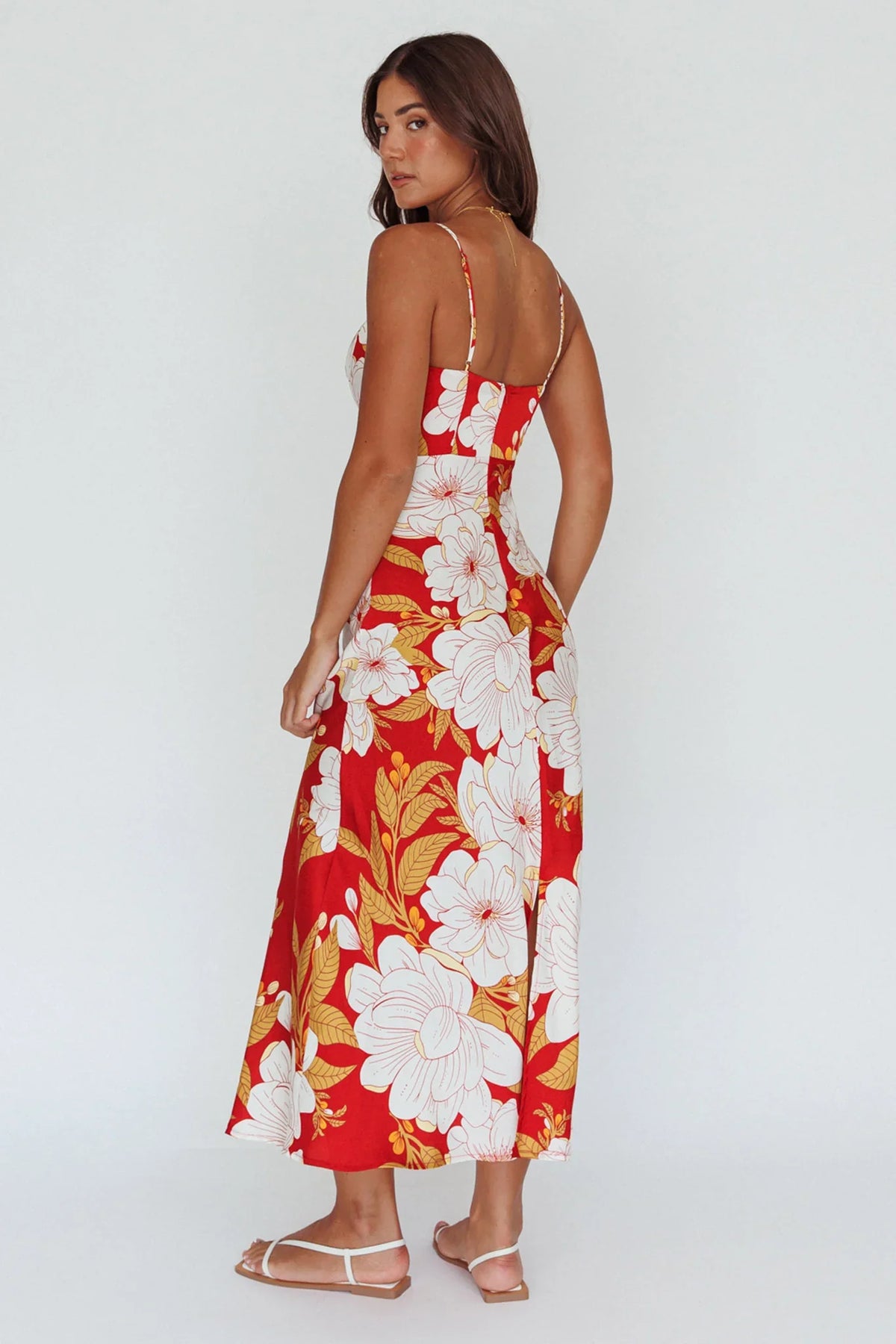 Infinity Pintuck Bust Midi Dress Flower Red