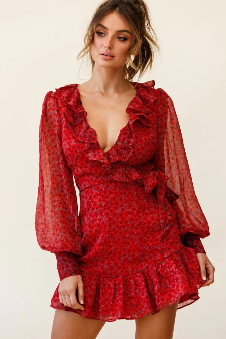 Regina Long Sleeve Ruffle Neckline Dress Flower Print Red