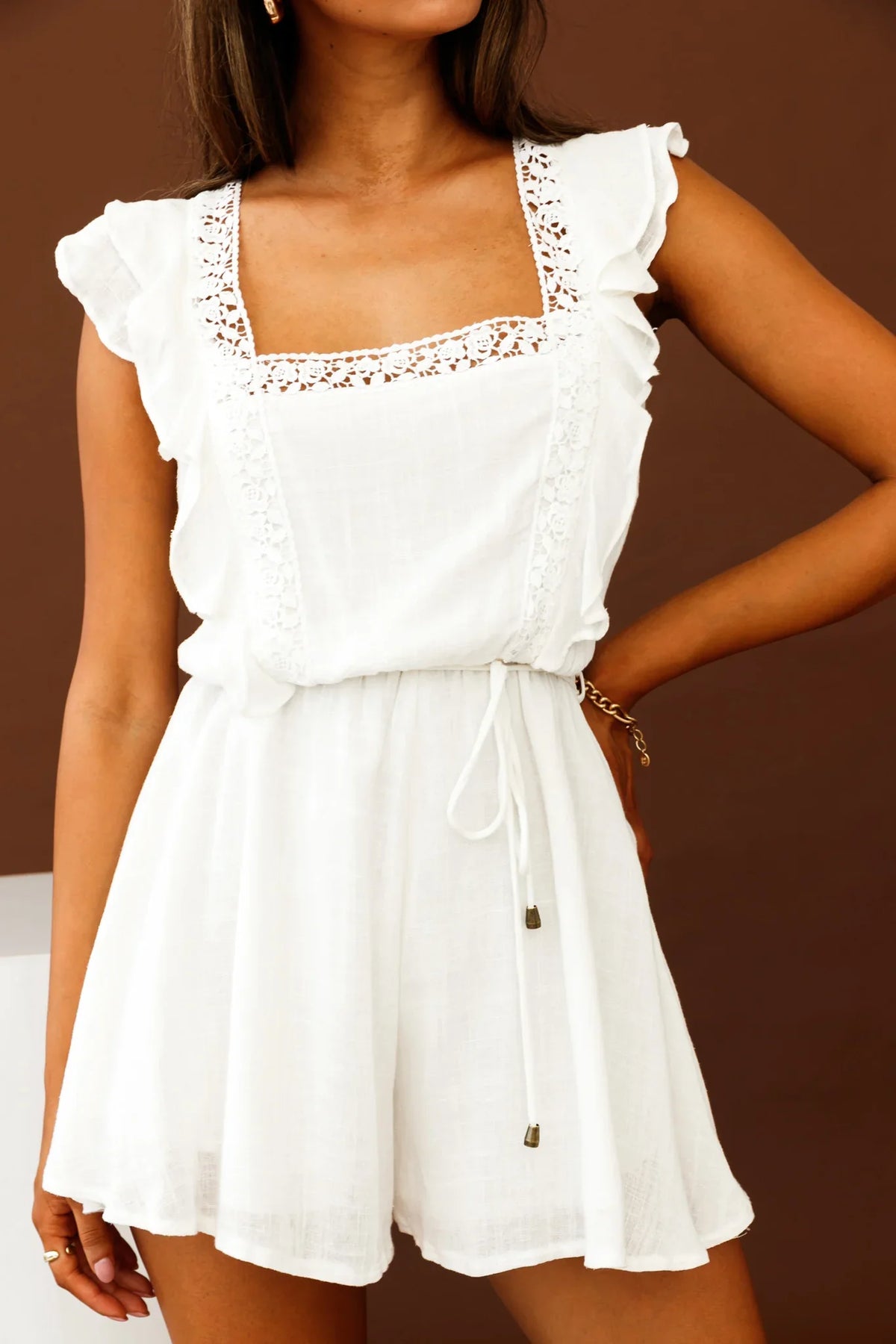 Meet Again Crochet Lace Trim Tie-Up Back Romper White