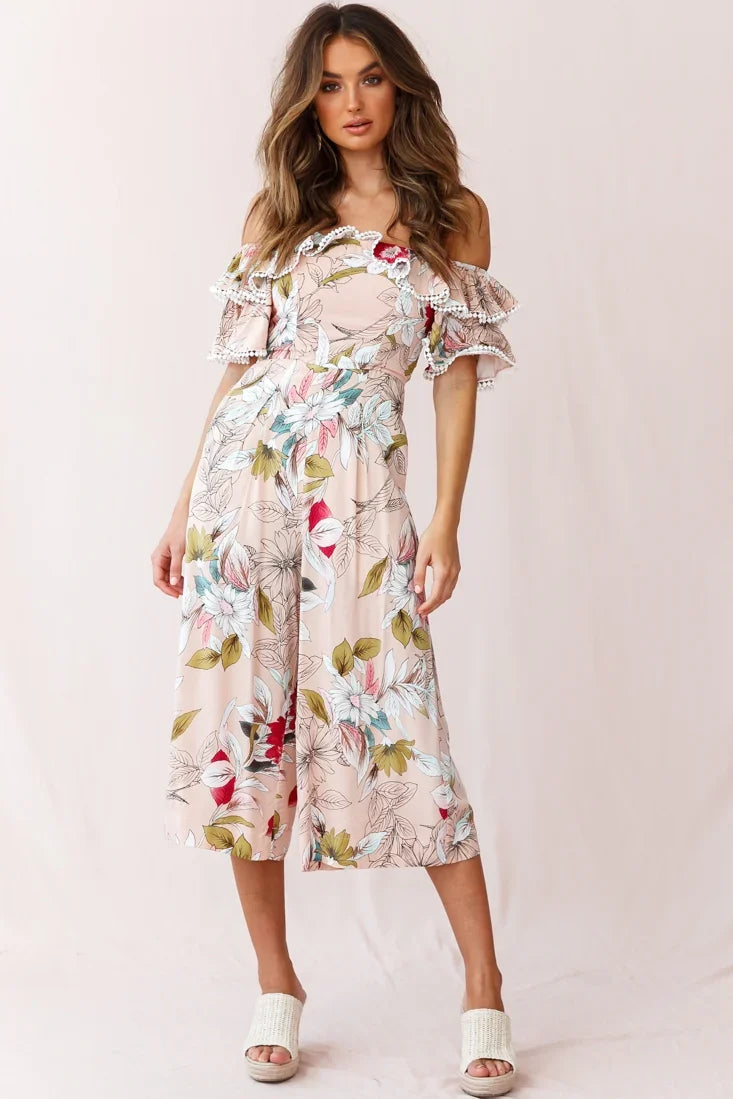 Keeper Off-Shoulder Culotte Jumpsuit Floral Print Mocha