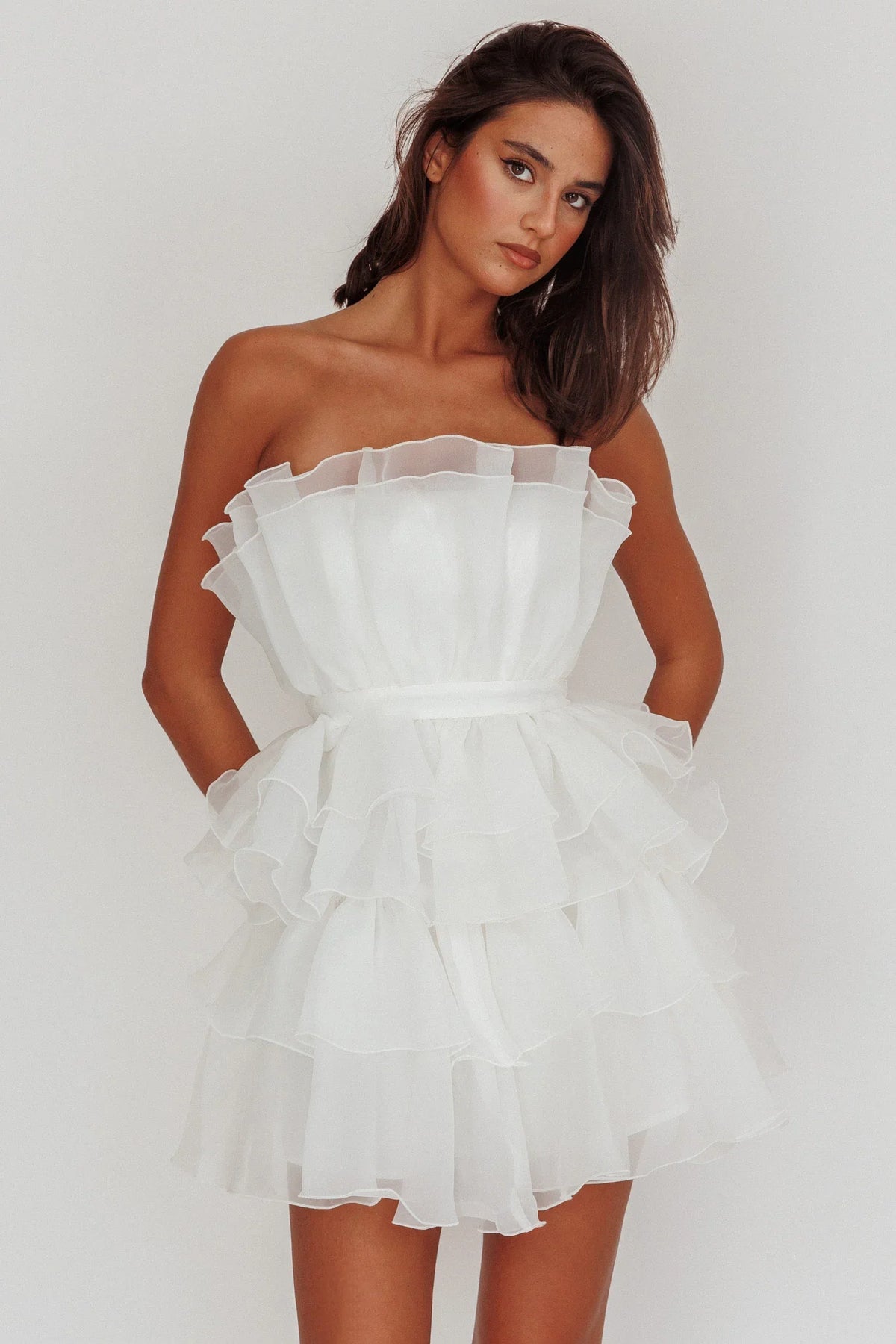 Bon Bon Tiered Organza Mini Dress White