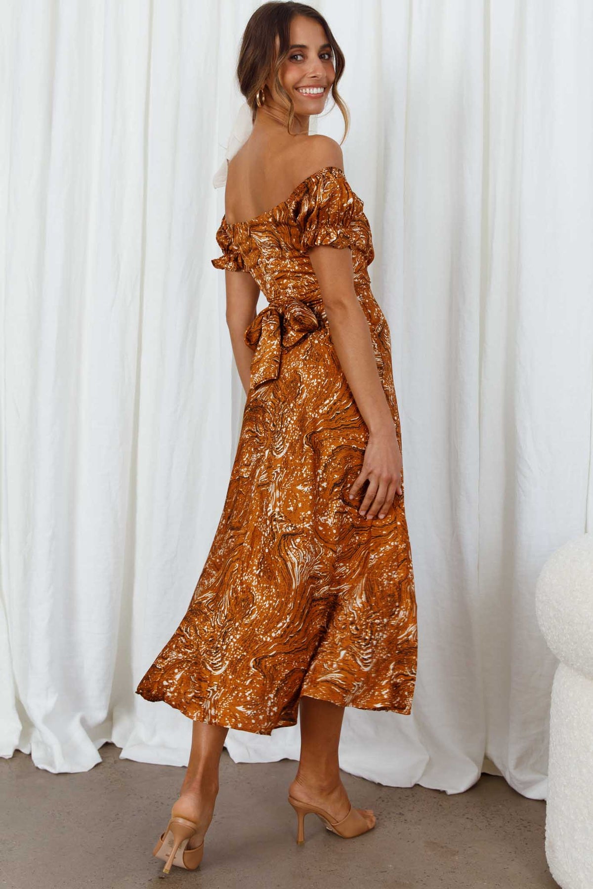 Linka Off-Shoulder Tie Back Midi Dress Marbled Print Mustard