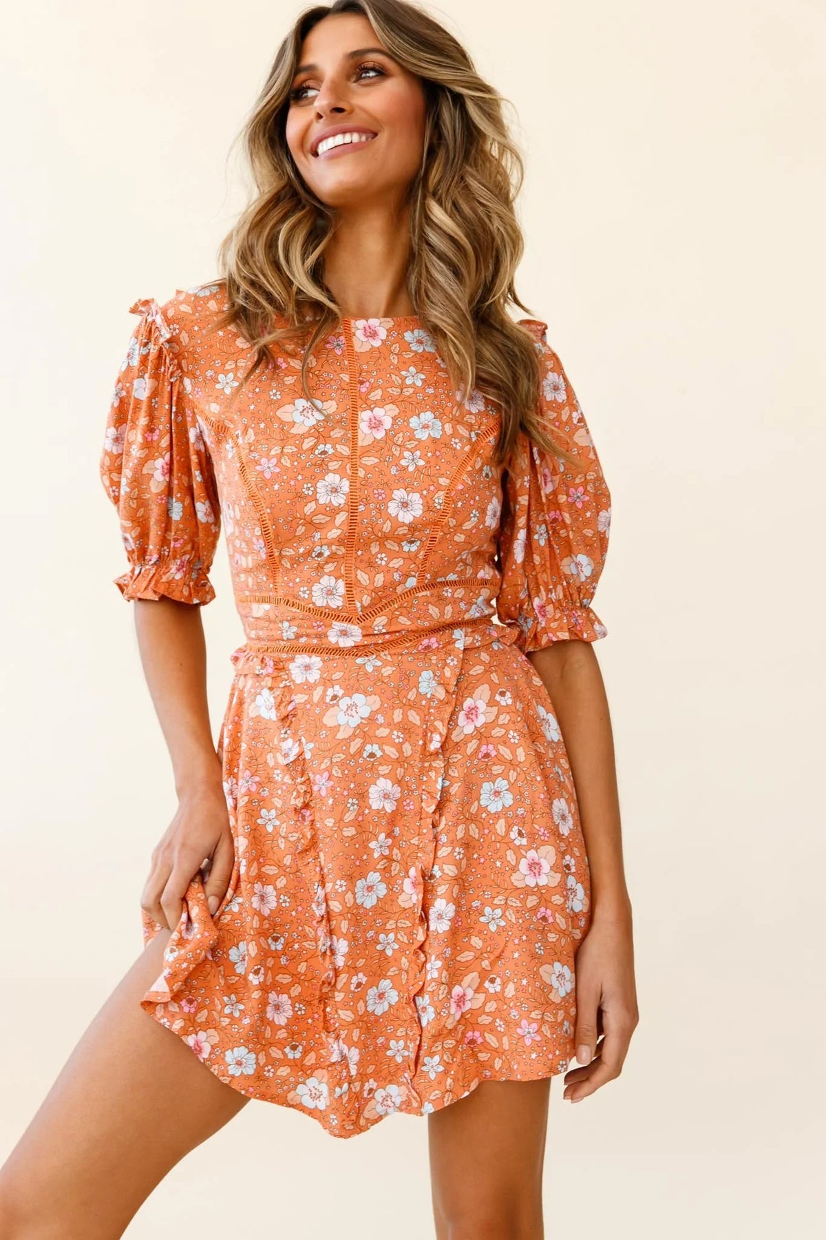 First Impressions Puff Sleeve Keyhole Back Dress Floral Print Orange/Pink