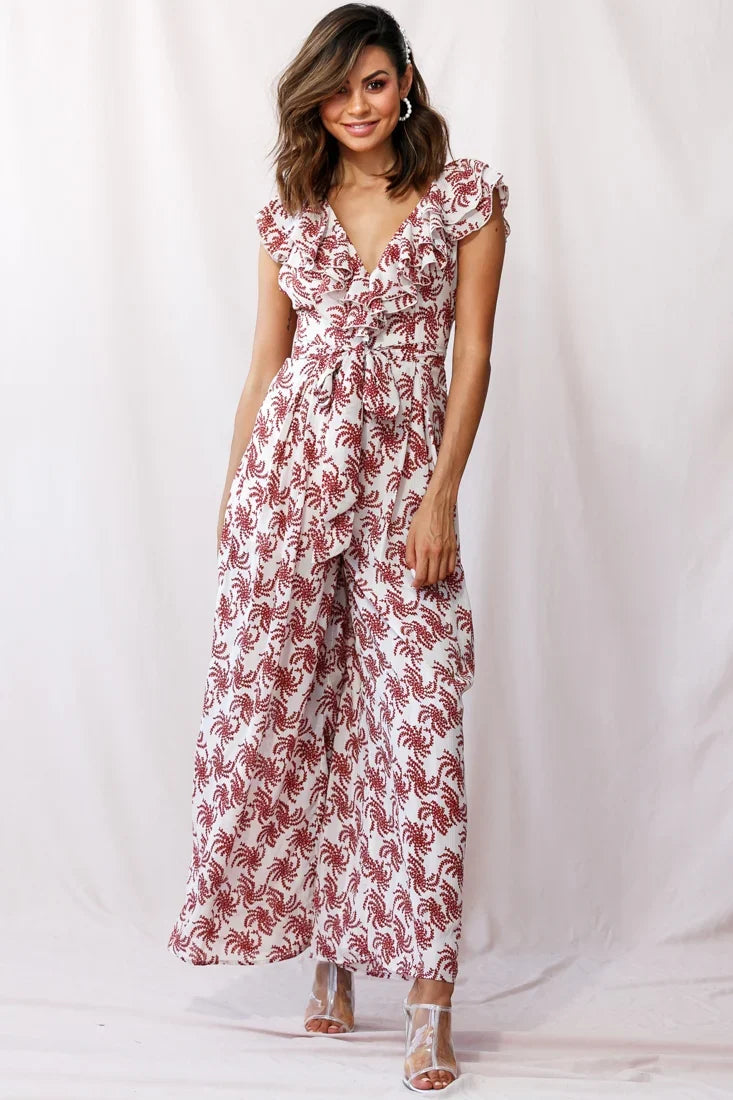 Marcia Ruffle Strap Wide Leg Jumpsuit Floral Print Beige