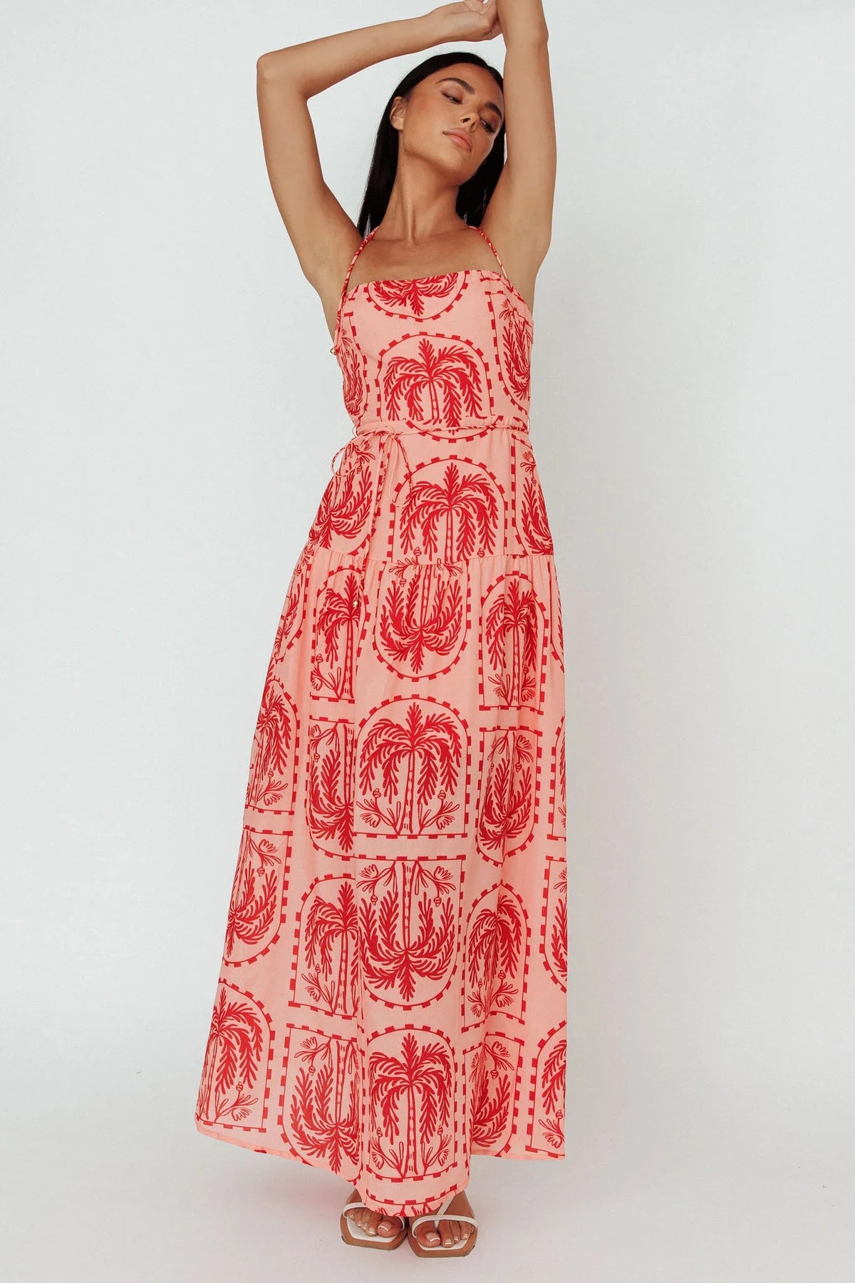 Natasia Halterneck Maxi Dress Palm Print Red