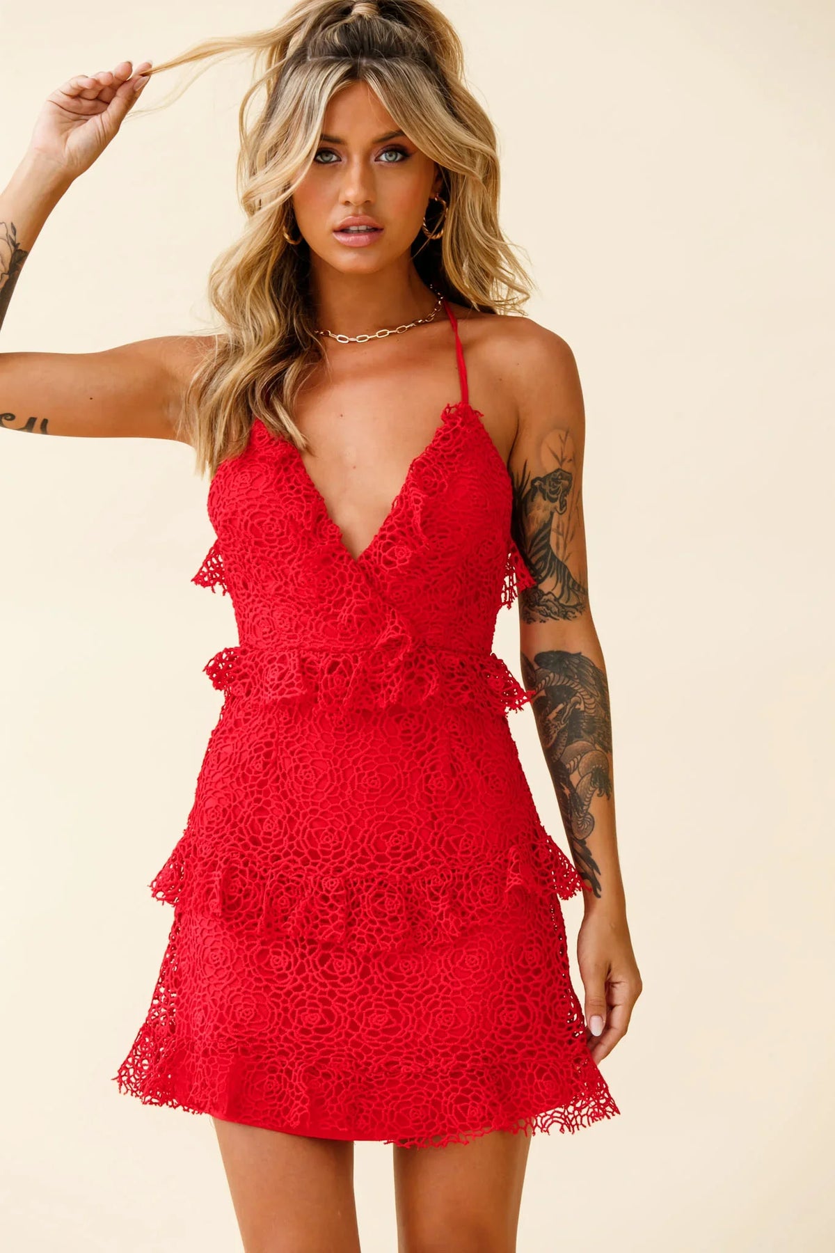 Airlie Halterneck Open Back Lace Dress Red