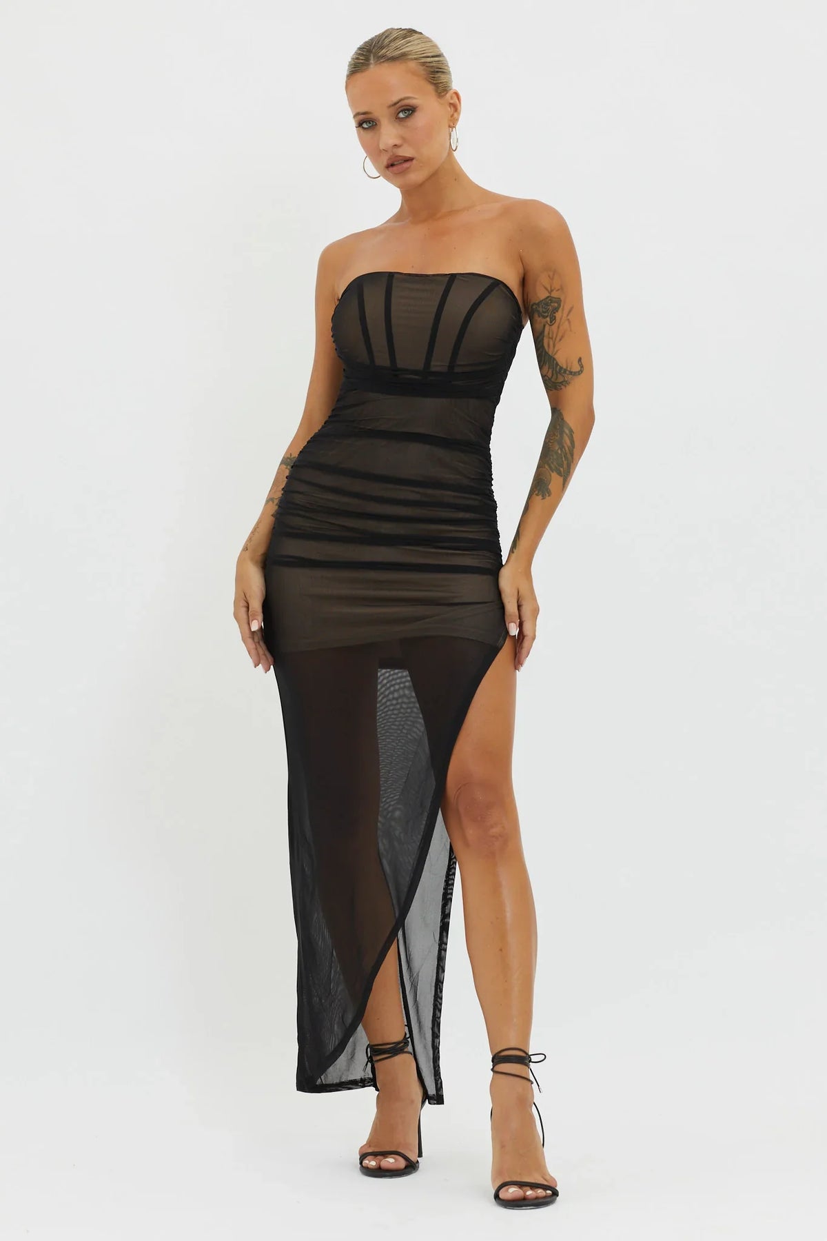 LA Nights Strapless Sheer Midi Dress Black/Nude