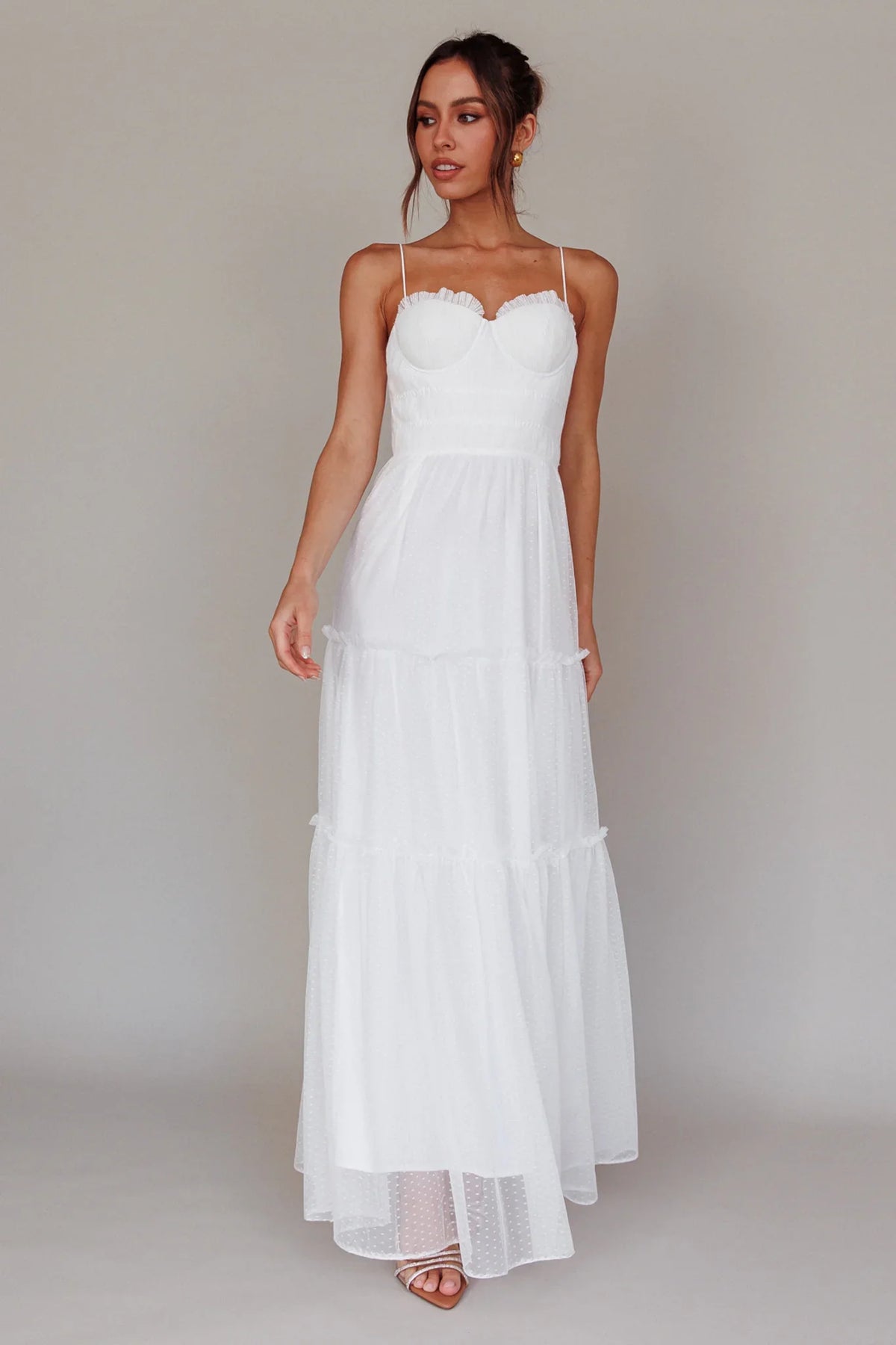 Calla Sweetheart Neckline Hail Spot Midi Dress White